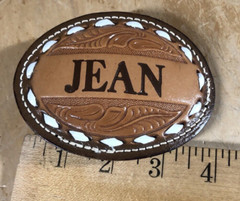 Vtg Tooled Leather Western Belt Buckle name JEAN custom Big 4” cowboy