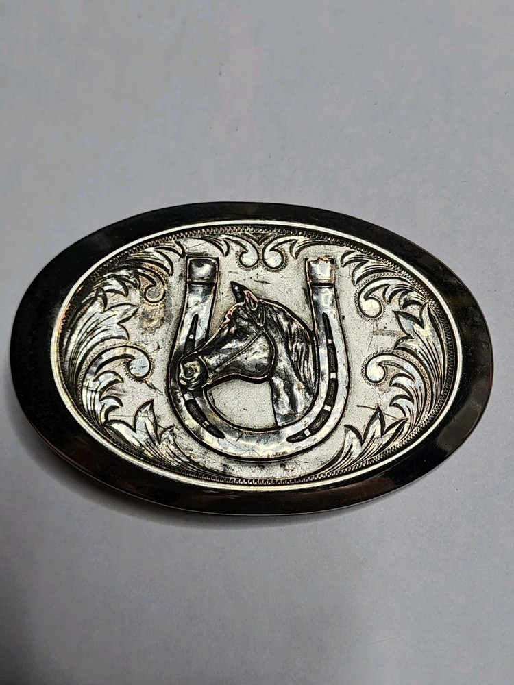 Vintage Horse Equestrian Horseshoe Belt Buckle Cowboy Lucky Horseshoe Distressed
