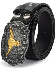 Bawnhaw Western Cowboy-Belts for 43.3&Prime; 30-34&Prime; waist, Black(carved-bull)