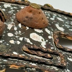 Vintage Maya Mexico Brutalist Mixed Metal Belt Buckle Clay Mask Enamel Folk Art