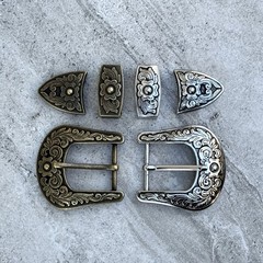Western 3-Piece Belt Buckle Set Floral Engraved Silver Bronze Cowboy Rodeo Style