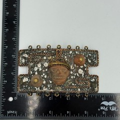 Vintage Maya Mexico Brutalist Mixed Metal Belt Buckle Clay Mask Enamel Folk Art