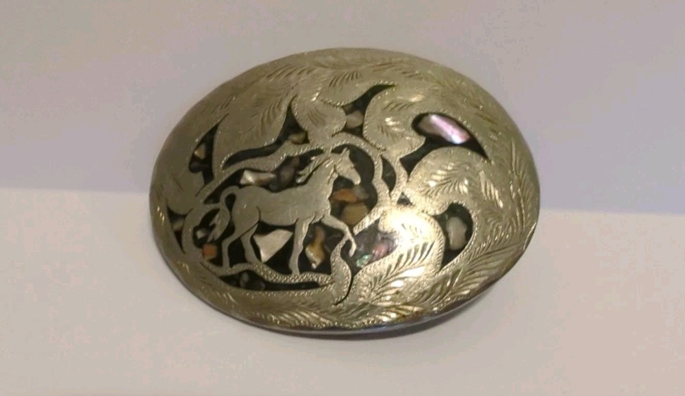 Vtg Mexico Western Horse Belt Buckle Handmade Silver Tone Inlaid Ablone Shell 3&Prime;
