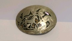 Vtg Mexico Western Horse Belt Buckle Handmade Silver Tone Inlaid Ablone Shell 3&Prime;