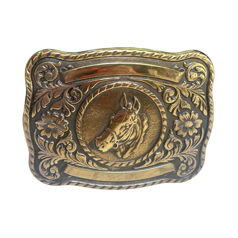Vintage Horse Head Belt Buckle Brass Tone Western Floral Engravable Made in USA