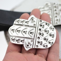 Hand-of-Fatima Belt Buckle Antique Silver Oriental Protection Symbol Embossed