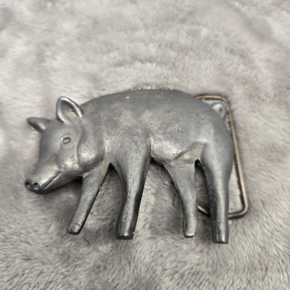 Vintage Ecological Chemical Co Pig Belt Buckle Pewter Tone Animal Freeport NY