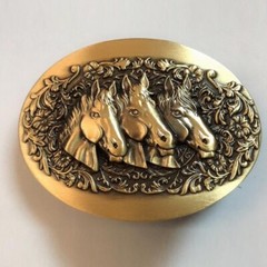 3 Horse Head Western Cowboy Solid Brass Copper Mens Belt Buckle Vintage