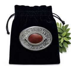 Vintage Style Western Silver Tone Belt Buckle Red Cabochon Stone Engraved Oval