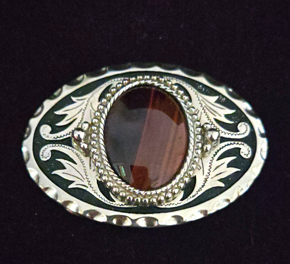 Western oval belt buckle silver/black floral w/ brown stone 1.5 in