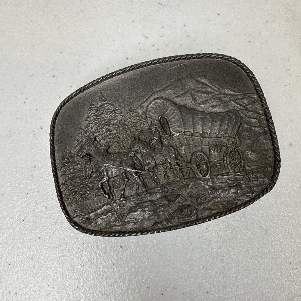 R & S Belt Buckle Vintage 1976 70s Covered Wagon Western Cowboy silver Metal