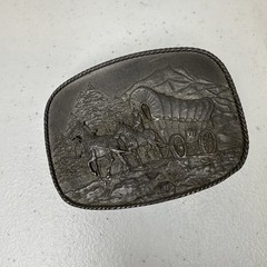 R & S Belt Buckle Vintage 1976 70s Covered Wagon Western Cowboy silver Metal