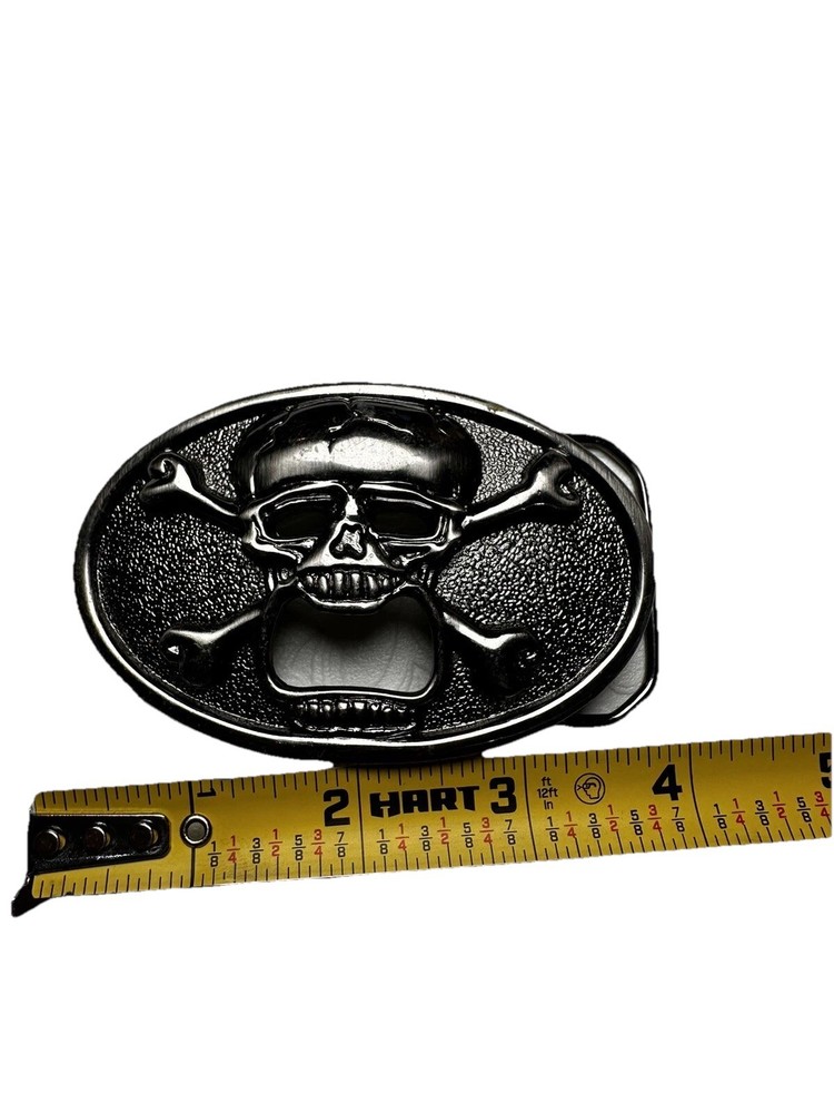 Mens Belt Buckle Silver Skull And Cross Bone Bottle Opener Biker Goth Punk KALAN