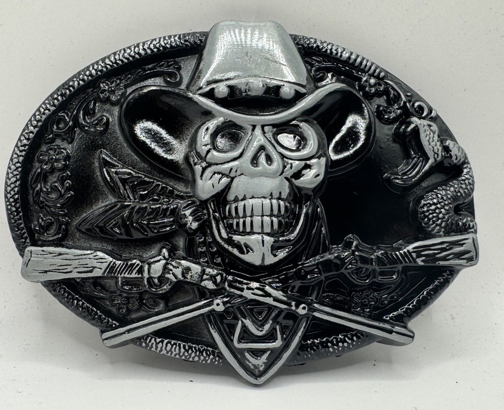 Dead Cowboy Belt Buckle Skull Crossed Guns Rattlesnake Motif Western Style