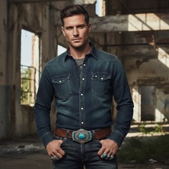 Men Women Silver Metal Big Belt Buckle Southwestern Ethnic Turquoise Blue Beads