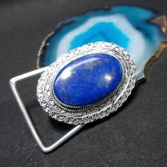 Handcrafted 925 Sterling Silver Natural Lapis Lazuli Oval Cabochon Belt Buckle