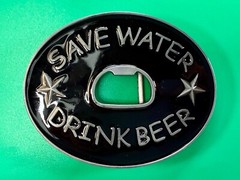 SAVE WATER DRINK BEER Novelty Black Enameled Belt Buckle with Bottle Opener