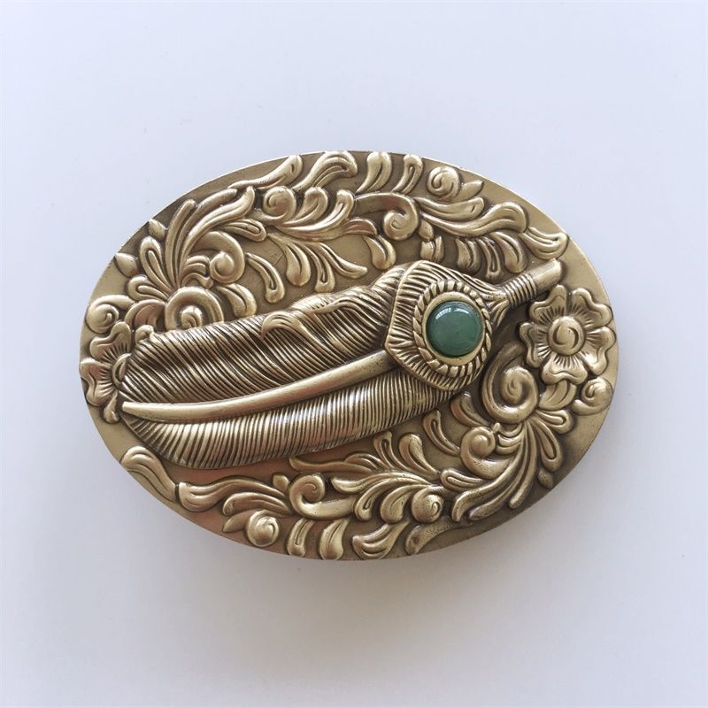 Feather Western Flower Pattern Solid Brass Metal Belt Buckle