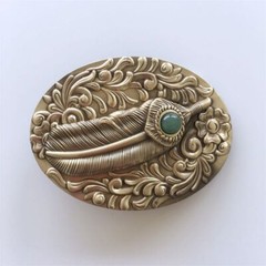 Feather Western Flower Pattern Solid Brass Metal Belt Buckle