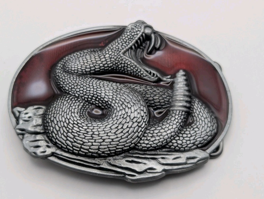 Rattlesnake Belt Buckle Coiled Snake Red Enamel Pewter Tone Western