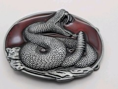 Rattlesnake Belt Buckle Coiled Snake Red Enamel Pewter Tone Western