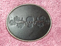 Skull With Roses & Brambles Belt Buckle on Stamped Black Leather 3.75&Prime; x 3&Prime;