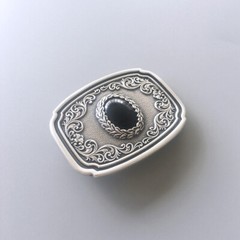 Vintage Silver Plated Nature Black Obsidian Stone Belt Buckle Boucle de Ceinture