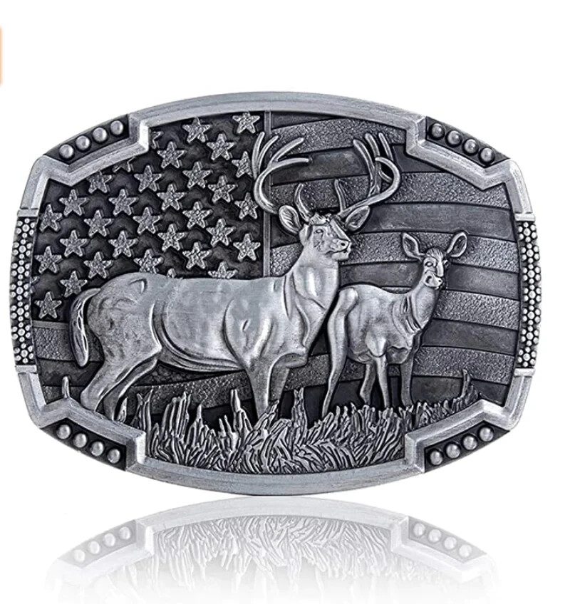 Buck Deer American Flag Belt Buckle USA Hunter Antique Silver Tone 1.5&Prime; Belts