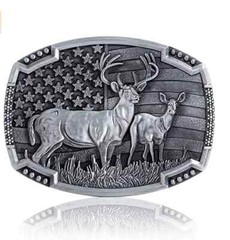 Buck Deer American Flag Belt Buckle USA Hunter Antique Silver Tone 1.5&Prime; Belts