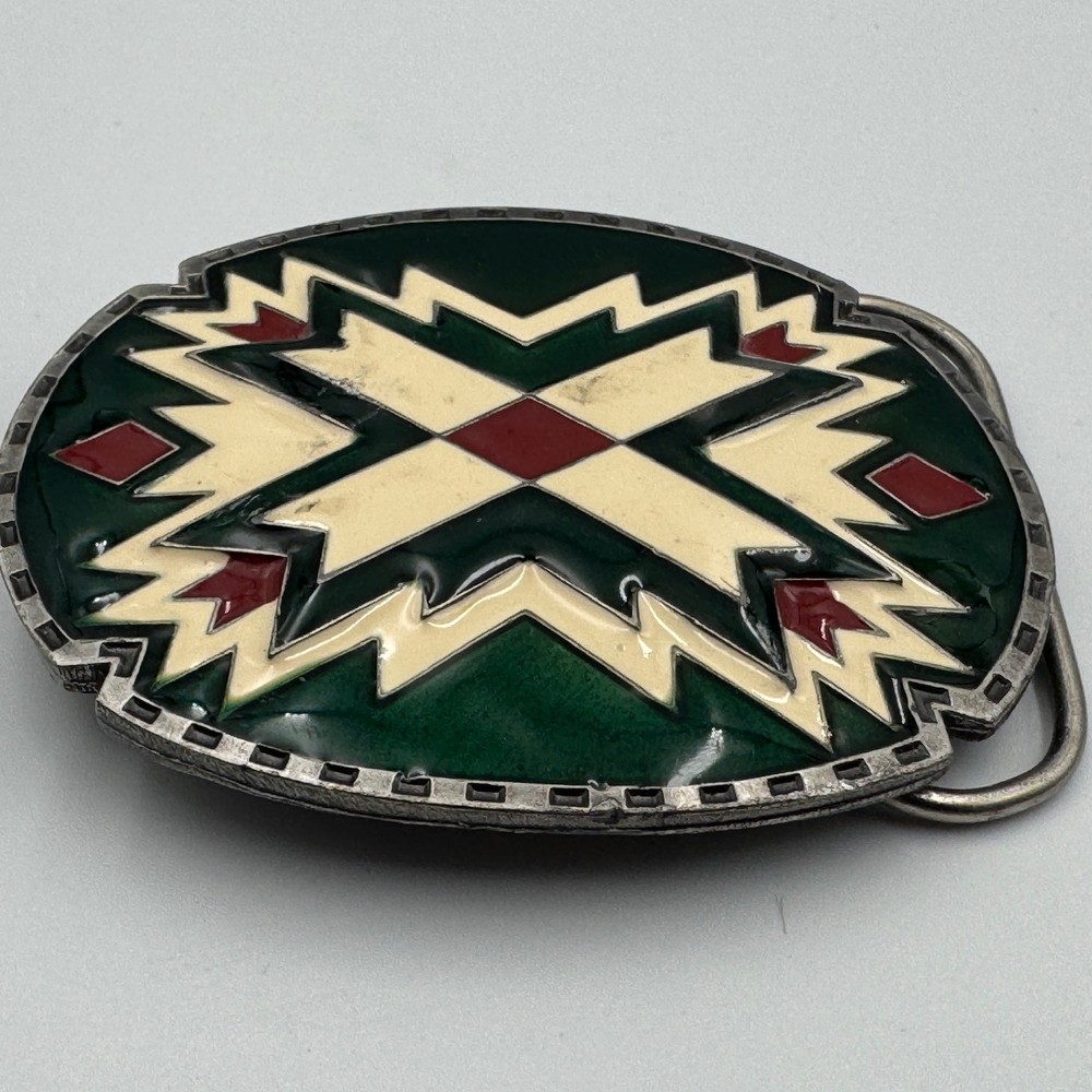 Vintage 1988 Siskiyou Buckle Co Green Enamel Southwestern Belt Buckle J-89 USA