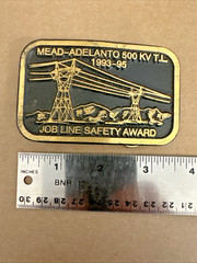 Vtg Solid Brass Belt Buckle Mead-Adelanto 500 KV T.L. Job Line Construction Dyna