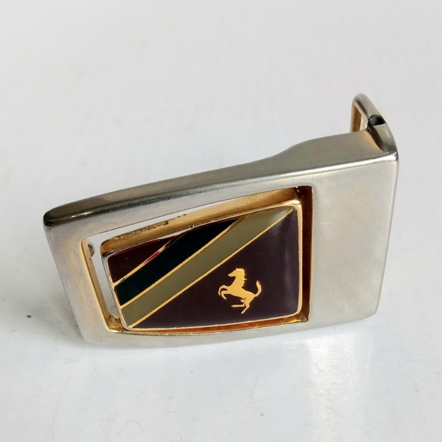 Rare 70s Ferrari Men&rsquo;s Metal Autogrip Belt Buckle Gold Black Red Car Geometric