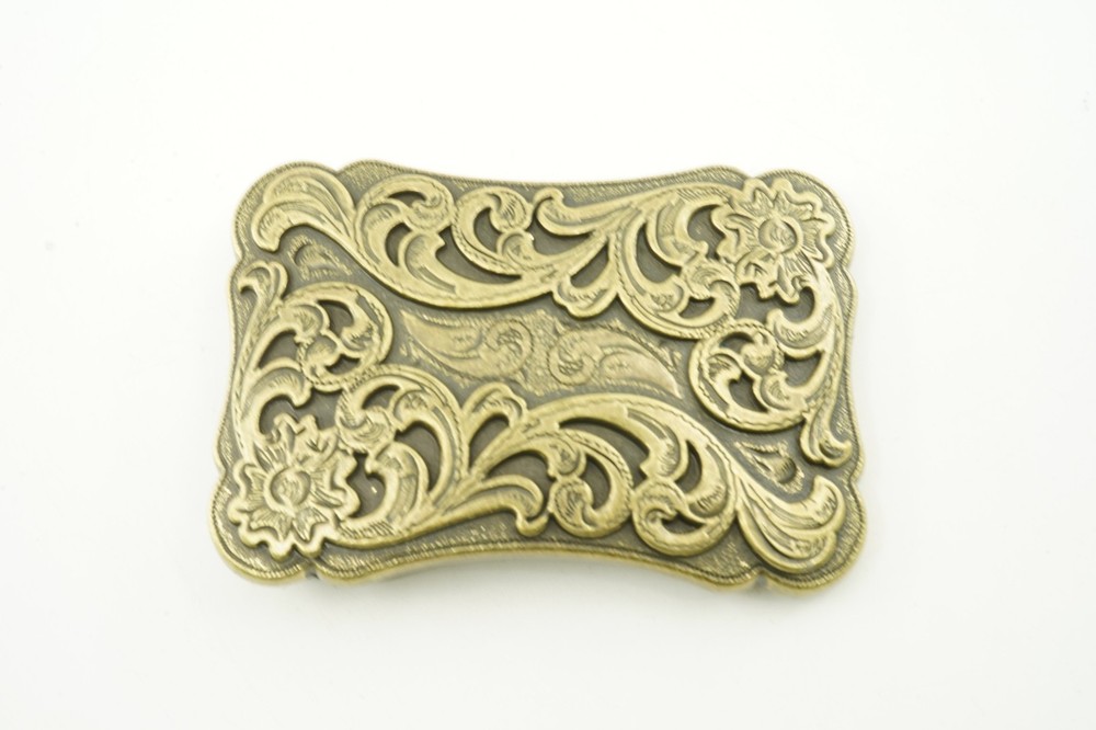 Western Floral Flower Pattern Small Recactangle Bronze Plated Metal Belt Buckle