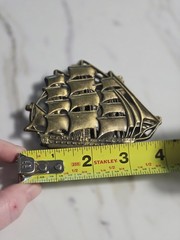 vintage 1970s belt buckle TALL SHIP sailing boat CLIPPER western BRASS cowboy