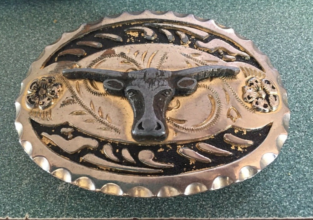 Vintage Western Longhorn Steer Bull Cowboy Oval Belt Buckle Ornate c.1980