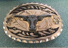 Vintage Western Longhorn Steer Bull Cowboy Oval Belt Buckle Ornate c.1980