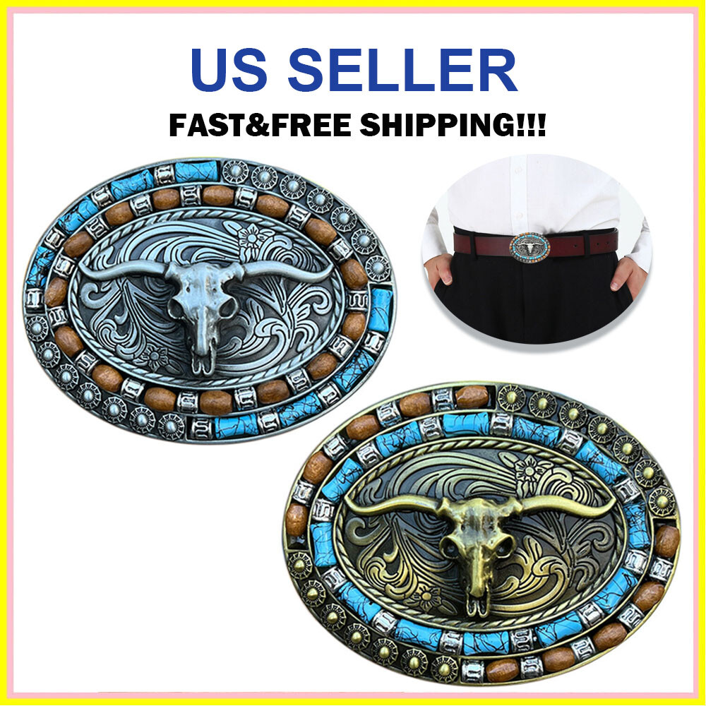 Western Cowboy Belt Buckle Men Women Turquoise Cow Skull Longhorn Belt Buckle