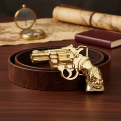 Men Belt Buckle Gold Metal Western Cowboy Pistol Revolver Gun Weapon Fire Skull