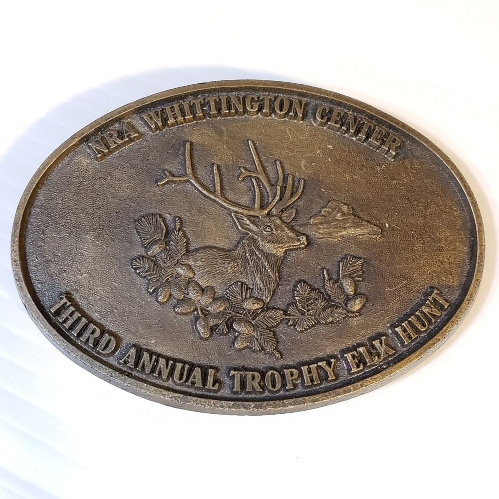 NRA Whittington Center Third Annual Trophy Elk Hunt Belt Buckle Bronze Rifle