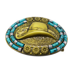 Men Women Antique Gold Metal Belt Buckle Cowboy Hat Turquoise Blue Bead Filigree