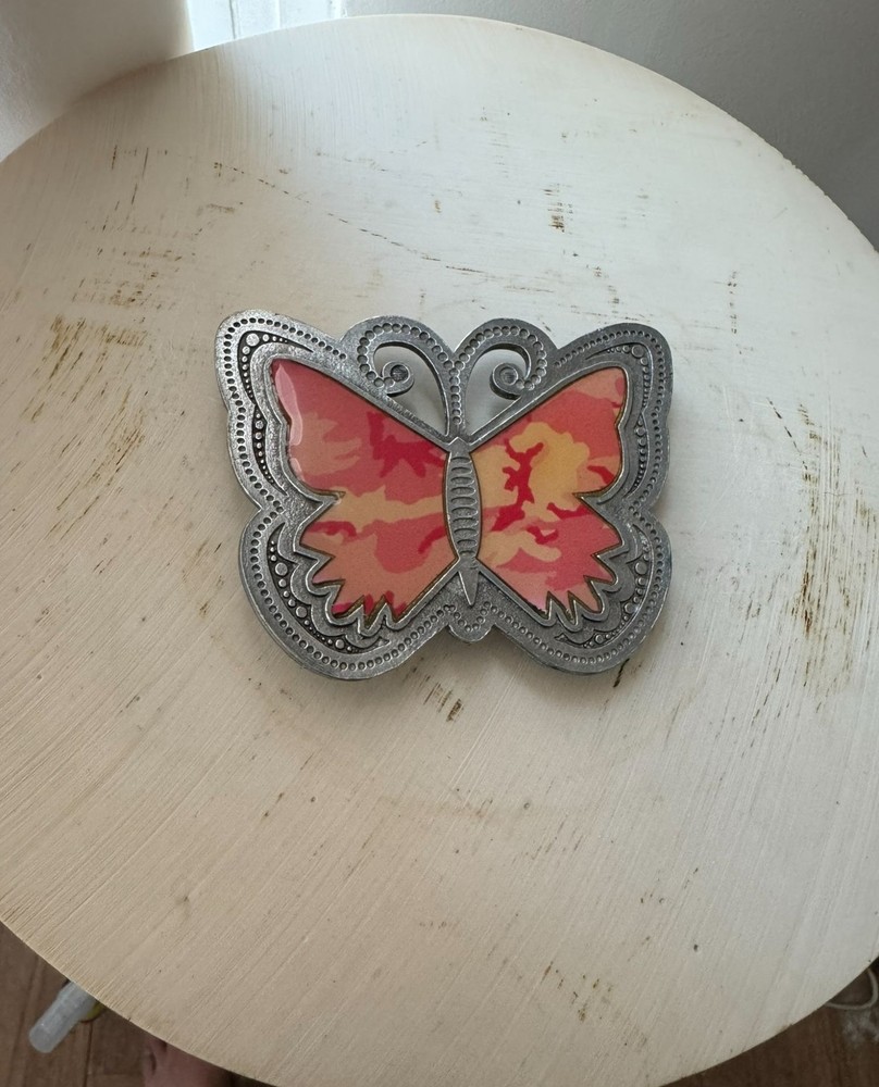 Butterfly Pink Yellow 3 inch Belt Buckle Hippy Boho Metal 2006 Made In USA
