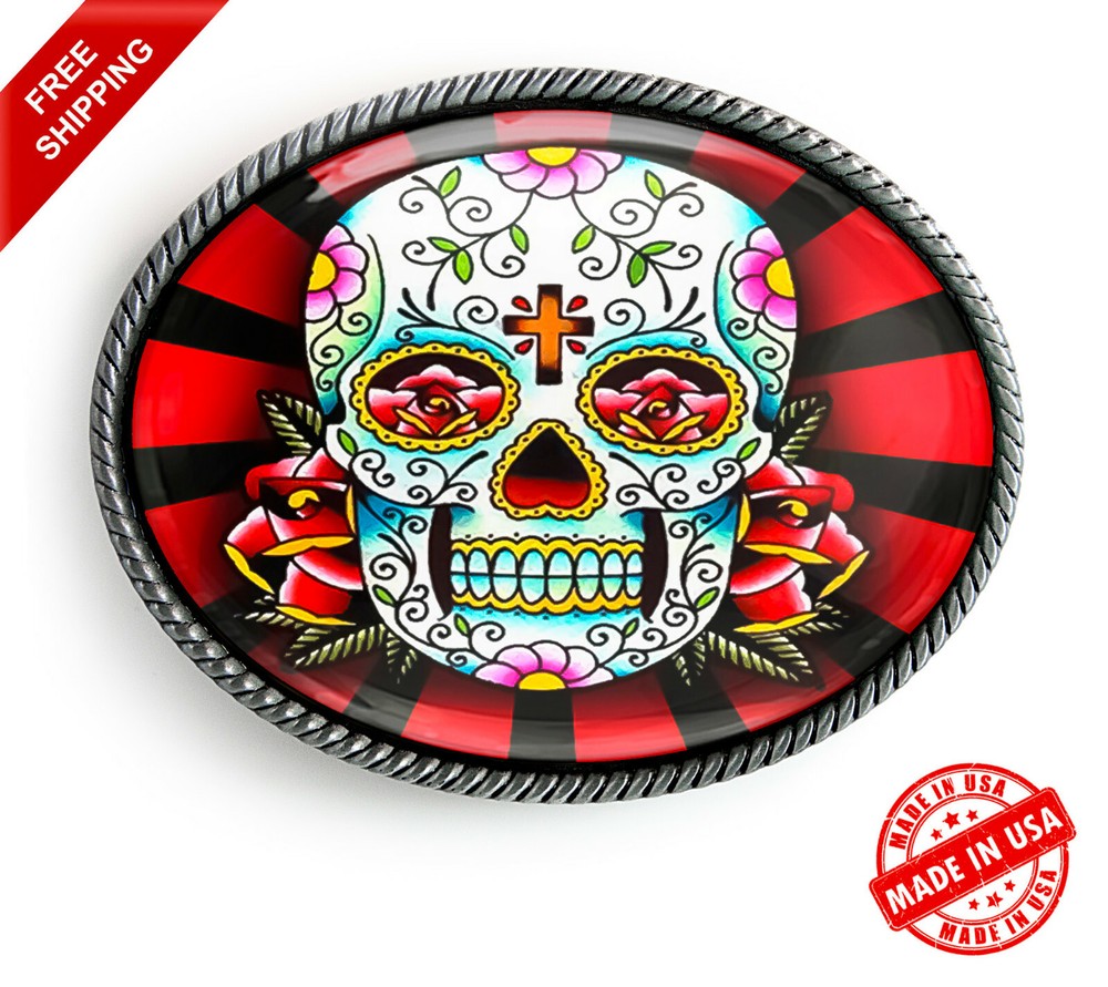 Day of the Dead Belt Buckle – Sugar Skull Rays Handmade Silver Buckle – 61
