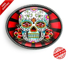 Day of the Dead Belt Buckle – Sugar Skull Rays Handmade Silver Buckle – 61