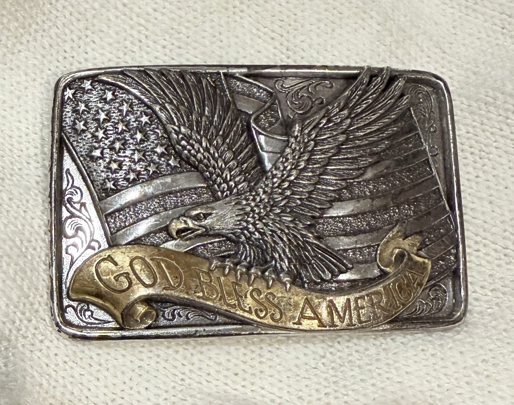 Nocona Men’s God Bless America Belt Buckle Eagle Flag Patriotic Size 3×2 Inches