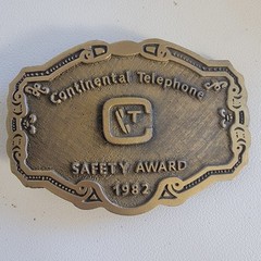 Vntg Brass Belt Buckle Continental Telephone Safety Award 1982 Mens Collectible