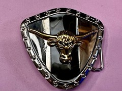 Long Horn Bull Steer Cow Black Stripe On Reflective Shield Pattern Belt Buckle