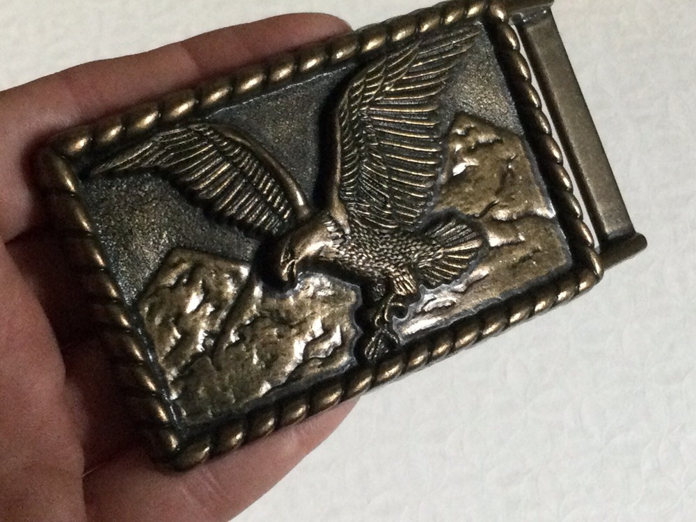 Patriotic Vintage American Bald Eagle Soaring Over Mountains Brass Belt Buckle