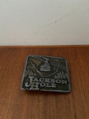 Vintage 1975 Cowboy Jackson Hole Wyoming Brass Belt Buckle Made In USA Ski Lift