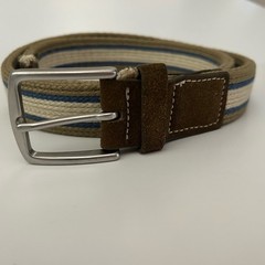 Banana Republic Tan Blue Striped Suede & Canvas Sold Brass Buckle Belt Small