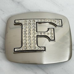 Rhinestone Studded F Letter Initial Monogram Silver Tone Belt Buckle
